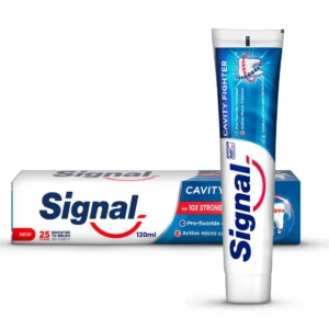 Signal Cavity Fighter toothpaste with fluoride and micro-calcium for cavity protection and 10x stronger, healthier teeth.
