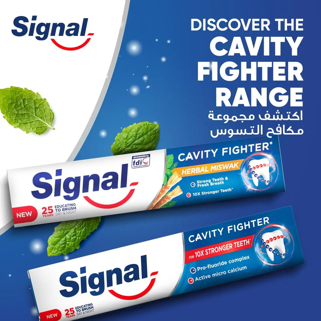 Signal Cavity Fighter toothpaste with fluoride and micro-calcium for cavity protection and 10x stronger, healthier teeth.