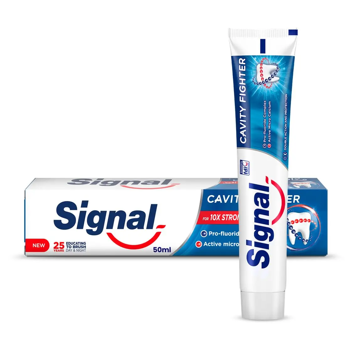 Signal Cavity Fighter toothpaste with fluoride and active micro calcium protects teeth from cavities and helps achieve 10x stronger teeth.