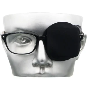 This black, 3D contoured Astropic eye patch is made of 100% mulberry silk, designed to fit comfortably over glasses for effective blackout and vision blockage.
