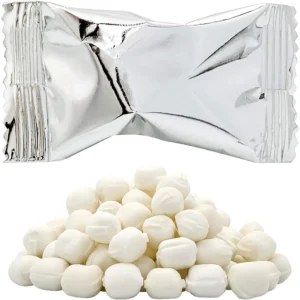 Bag of 110 individually wrapped metallic silver butter mints, perfect for candy buffets, after dinner, or party favors.