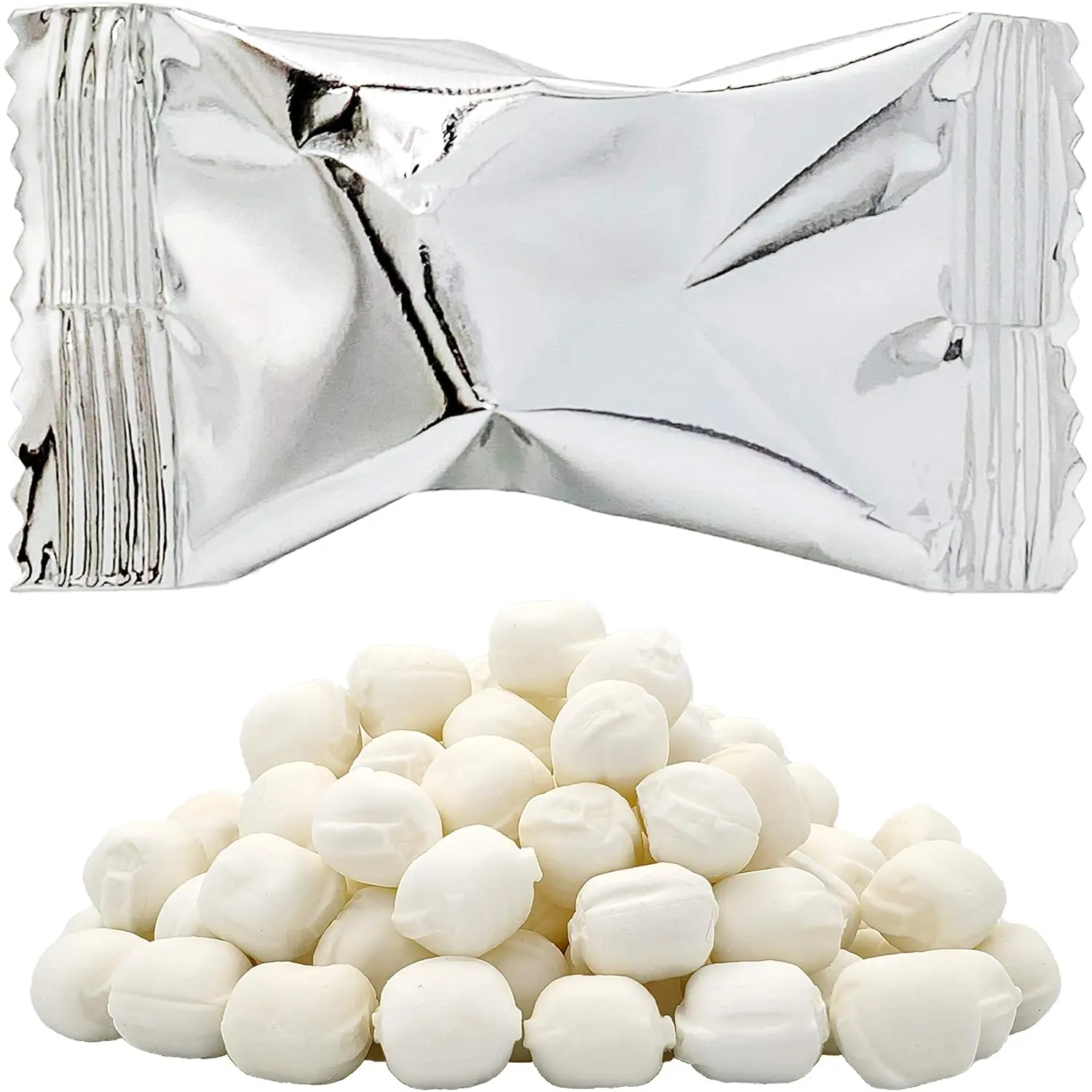 Bag of 110 individually wrapped metallic silver butter mints, perfect for candy buffets, after dinner, or party favors.