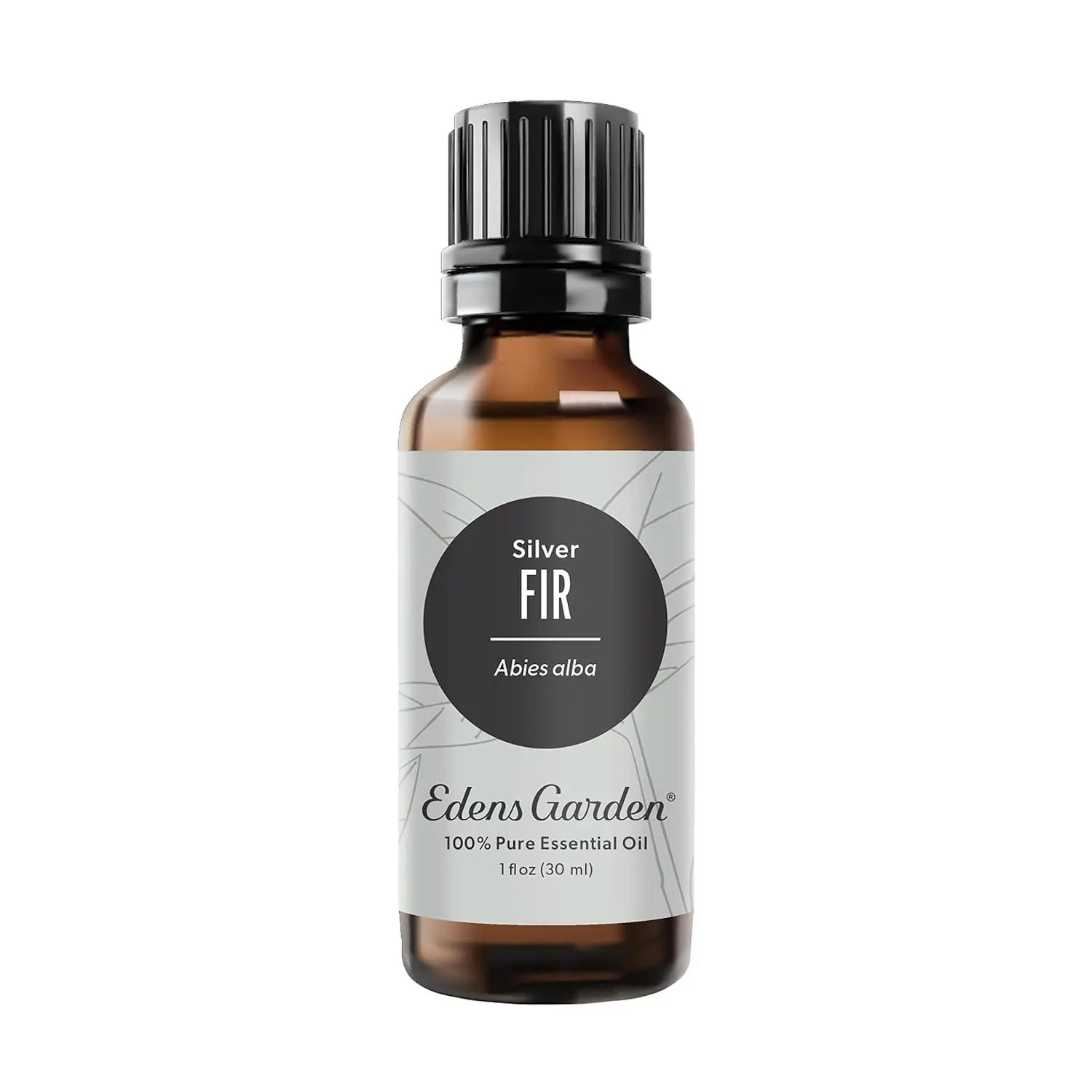 This bottle contains Edens Garden Silver Fir essential oil, a pure, therapeutic-grade oil known for its refreshing, uplifting forest scent that can enhance mental clarity and ease respiratory discomfort.