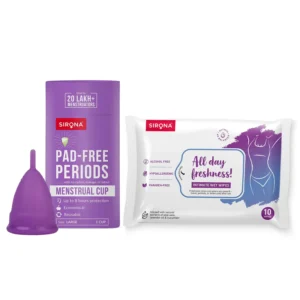 Sirona menstrual cup made of medical-grade silicone, offering odor and rash-free protection for women aged 25-35 with usual to heavy flow who have given birth.