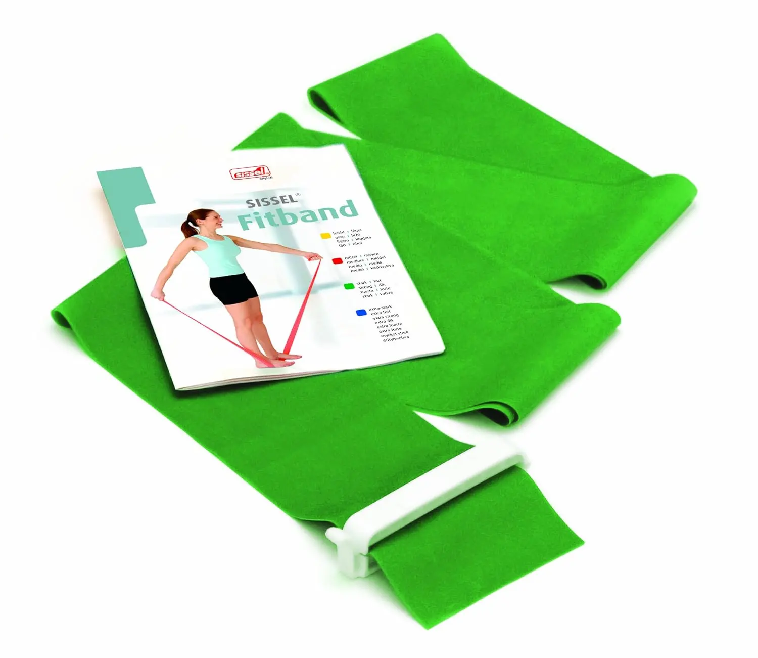 Green Sissel Fun Massager latex band for therapy, movement exercises, and muscle strength for all ages, measuring approximately 7.5cm x 2m and designed for progressive exercise.