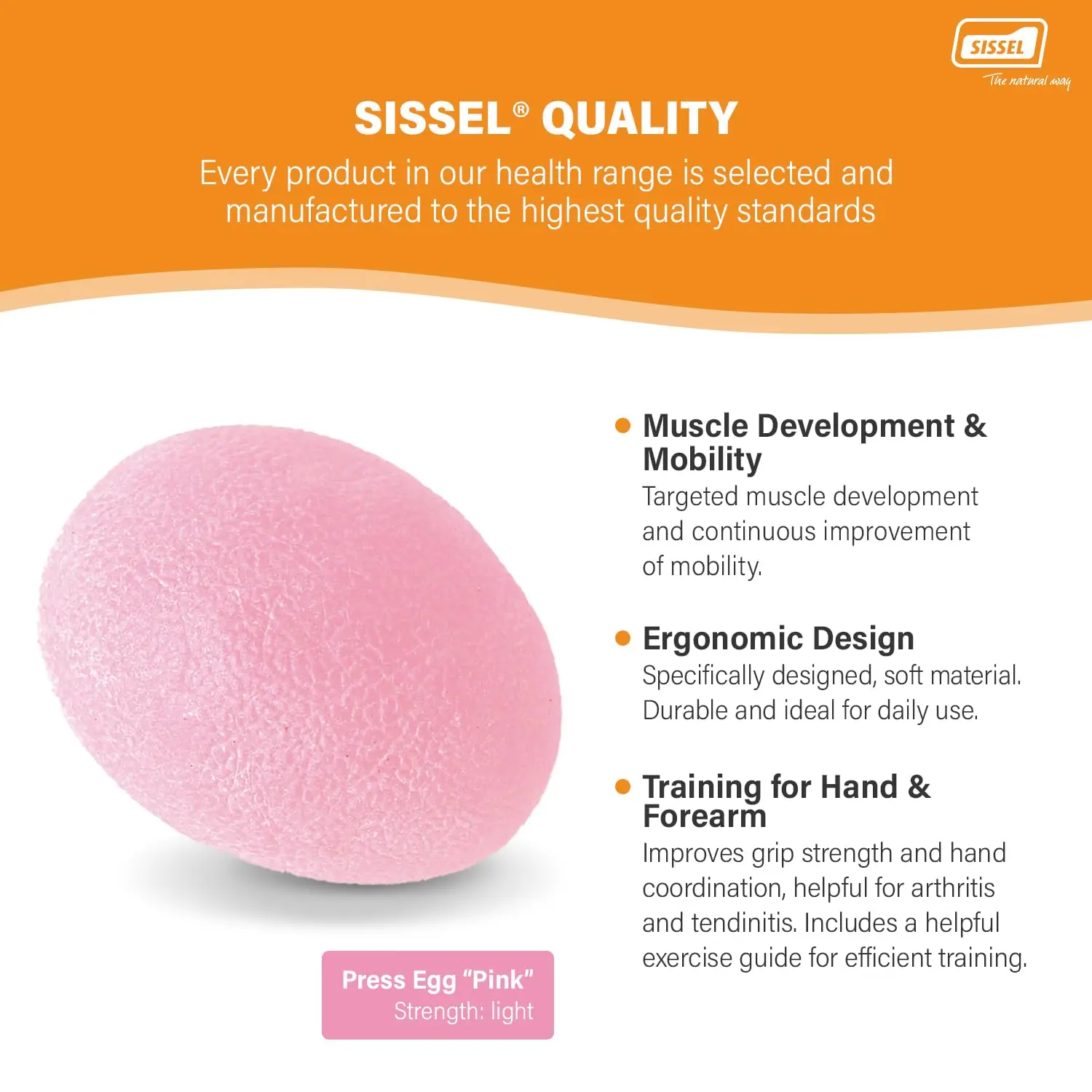 The pink SISSEL Press Egg provides light resistance for hand and forearm muscle building and improved flexibility, perfect for physical therapy and rehabilitation.