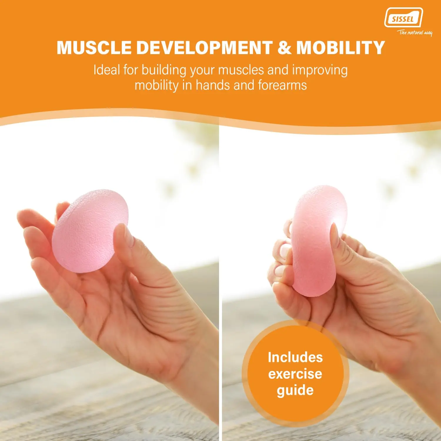 The pink SISSEL Press Egg provides light resistance for hand and forearm muscle building and improved flexibility, perfect for physical therapy and rehabilitation.