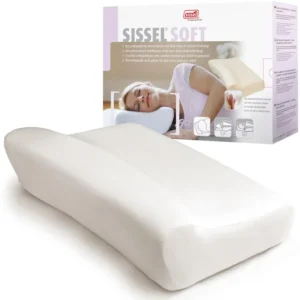 The SISSEL soft neck pillow is made of viscoelastic foam, features a washable velour cover, and is designed to provide ergonomic support for the spine, neck, and shoulder muscles.