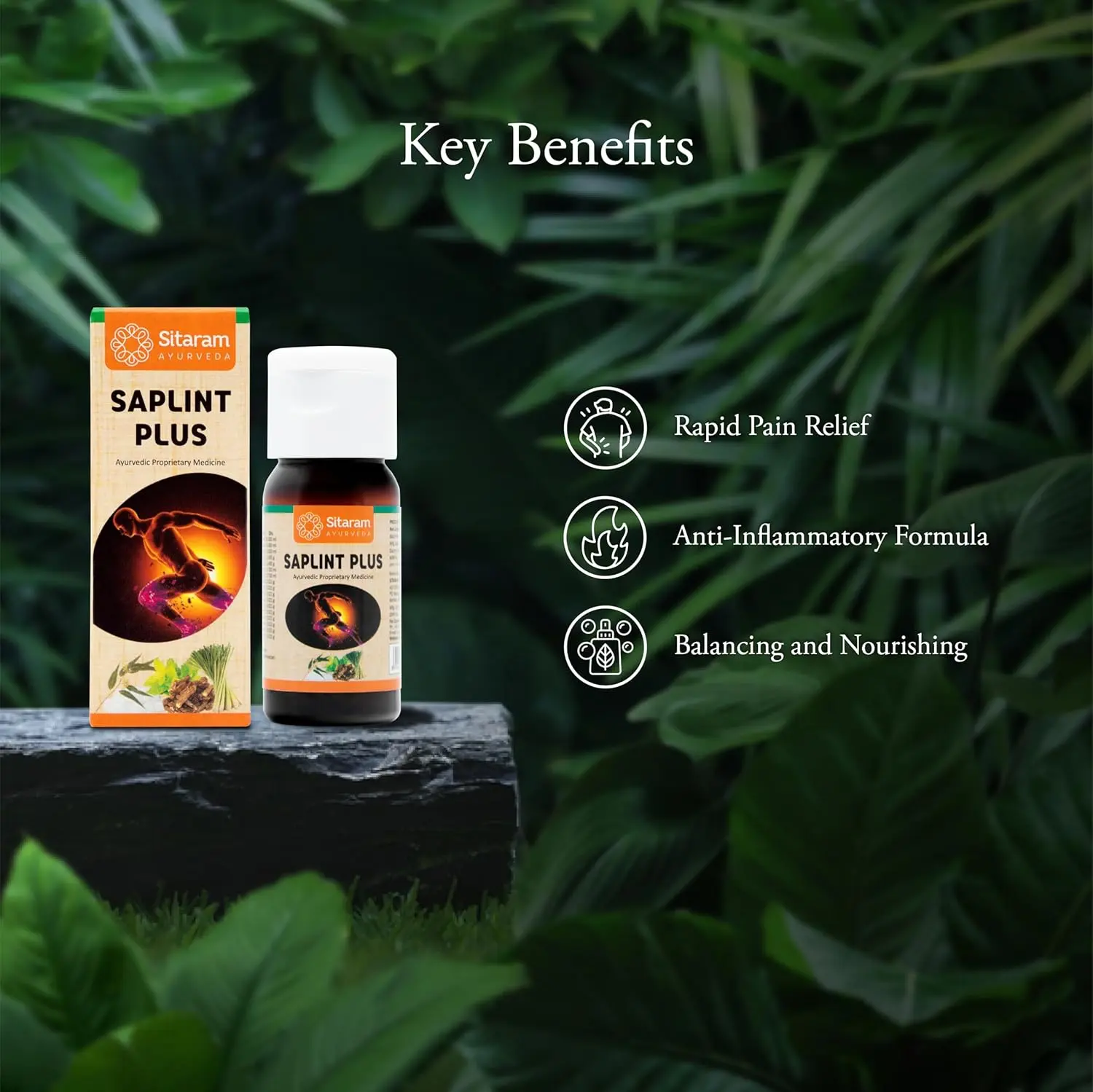 Sitaram Ayurveda Saplint Plus liniment provides immediate relief from muscle pain, stiffness, and inflammation caused by sprains, strains, sciatica, and other rheumatic conditions.
