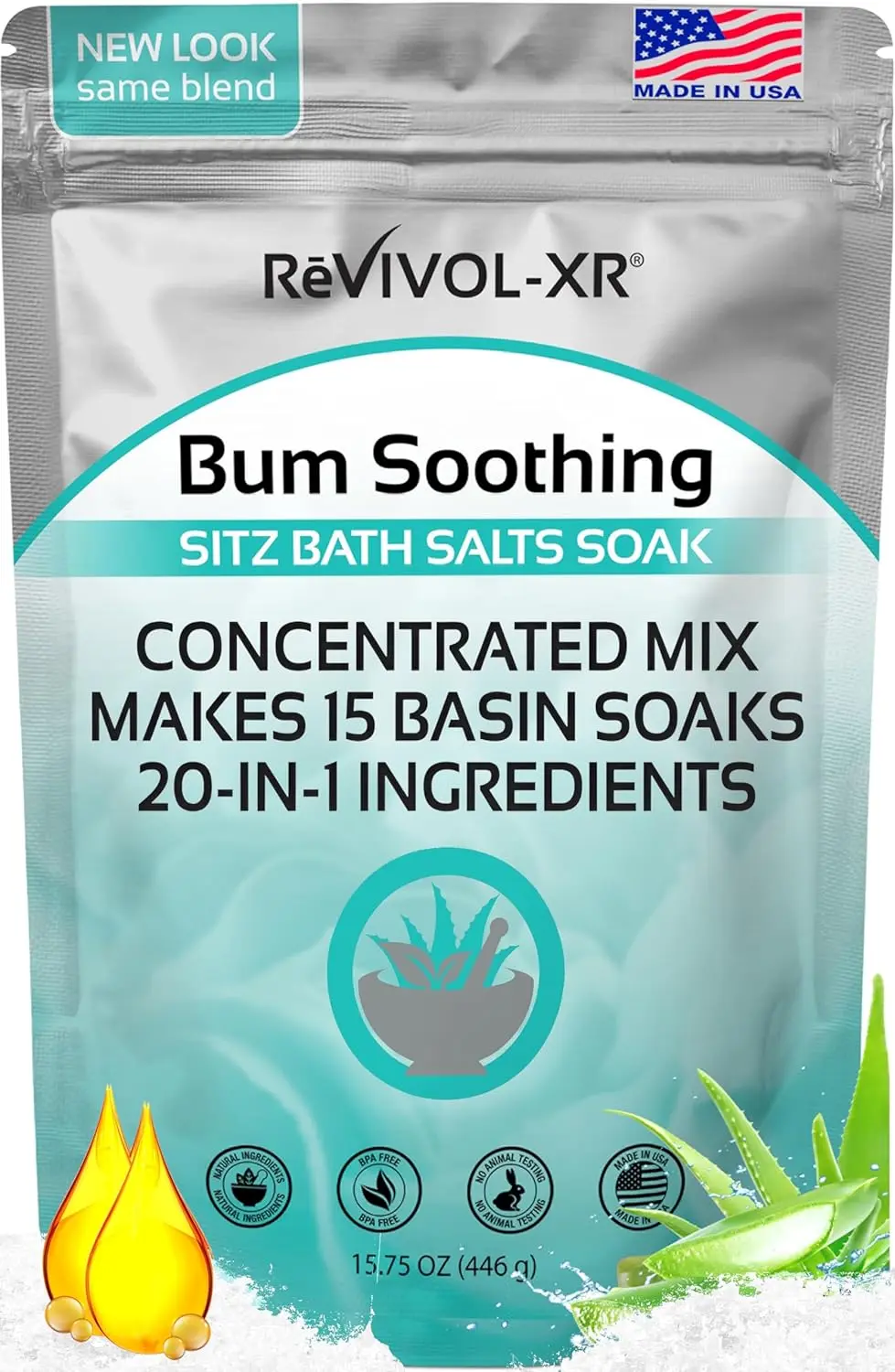 Soothe discomfort with our 20-in-1 Sitz Bath Salts Mix, a concentrated blend of Epsom salts and essential oils for hemorrhoid relief, designed for easy use with your toilet seat basin and made in the USA.
