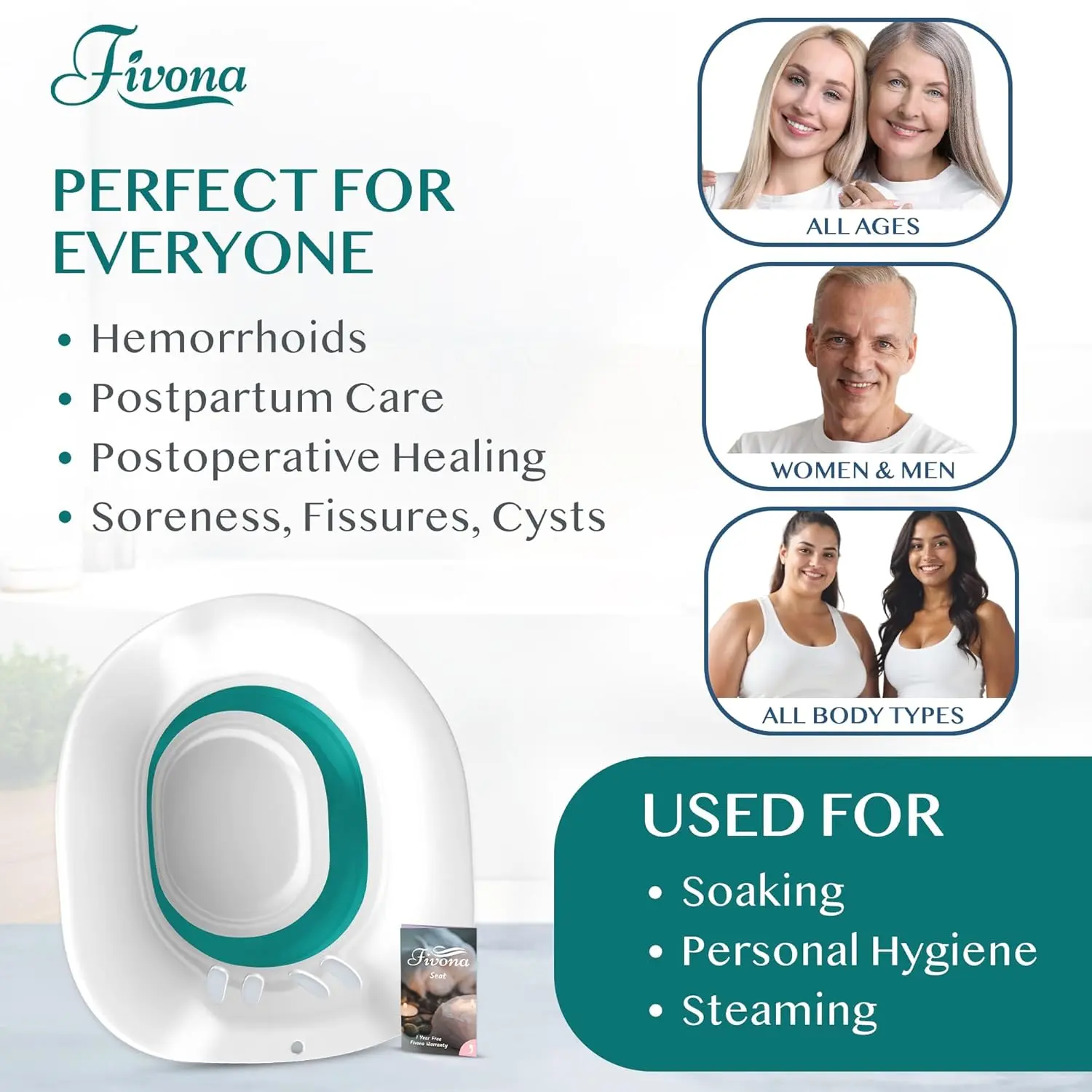 Fivona sitz bath seat provides soothing relief and speeds up postpartum recovery while offering hemorrhoid treatment with its unisex and universal fit over the toilet.