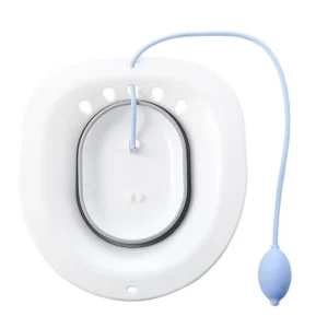 Grey foldable sitz bath basin designed to fit over most standard toilets, providing comfortable perineal soaking for hemorrhoid relief, postpartum recovery, pregnant women, and the elderly, preventing bending and offering a gentle water massage.