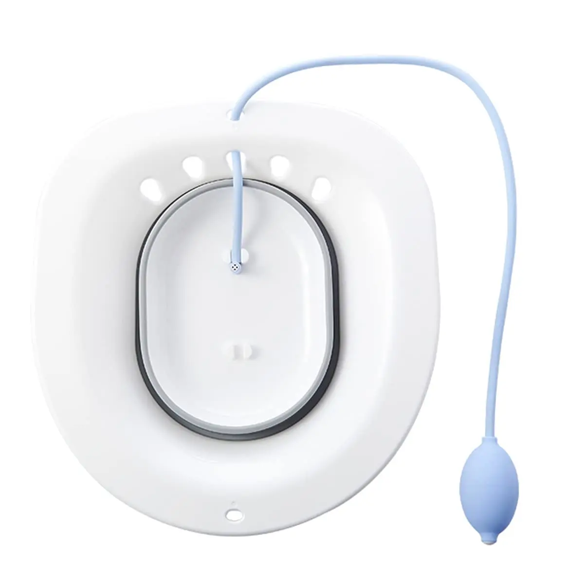 Grey foldable sitz bath basin designed to fit over most standard toilets, providing comfortable perineal soaking for hemorrhoid relief, postpartum recovery, pregnant women, and the elderly, preventing bending and offering a gentle water massage.
