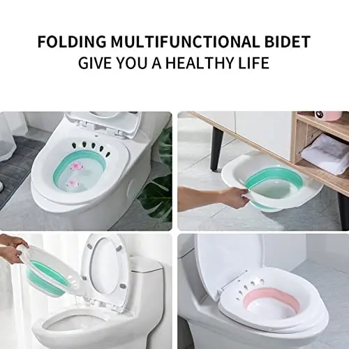 Grey foldable sitz bath basin designed to fit over most standard toilets, providing comfortable perineal soaking for hemorrhoid relief, postpartum recovery, pregnant women, and the elderly, preventing bending and offering a gentle water massage.