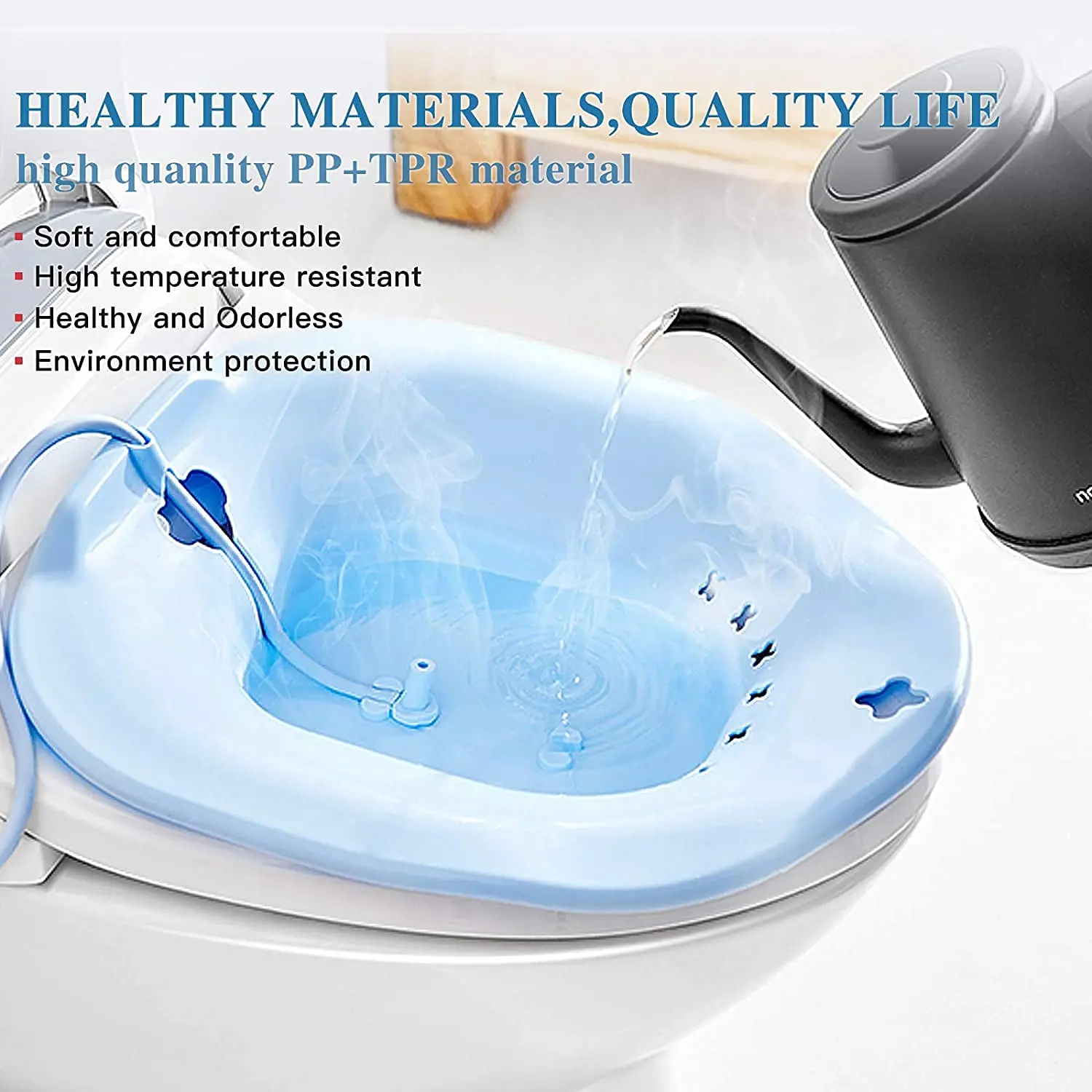 Blue Kivian Sitz Bath for toilet seat featuring a flusher for enhanced cleaning and postpartum care, soothing hemorrhoids and aiding perineal recovery.