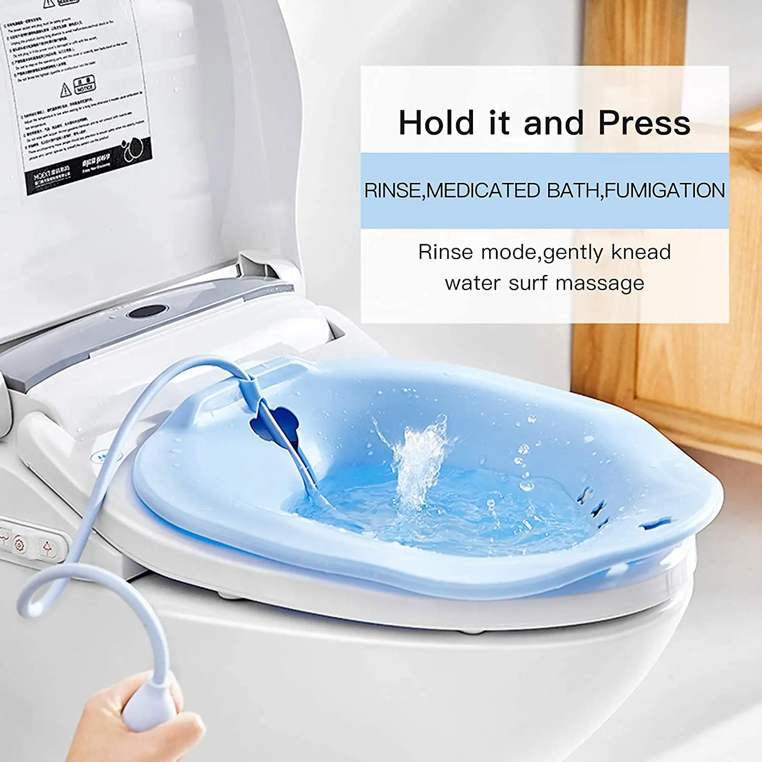 Blue Kivian Sitz Bath for toilet seat featuring a flusher for enhanced cleaning and postpartum care, soothing hemorrhoids and aiding perineal recovery.