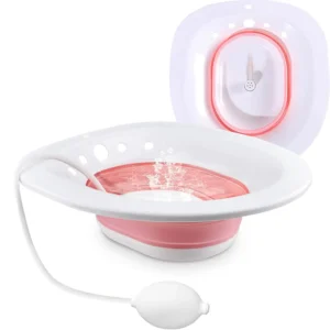 Collapsible sitz bath for toilet seat offering comfortable postpartum care and hemorrhoid relief with flusher.