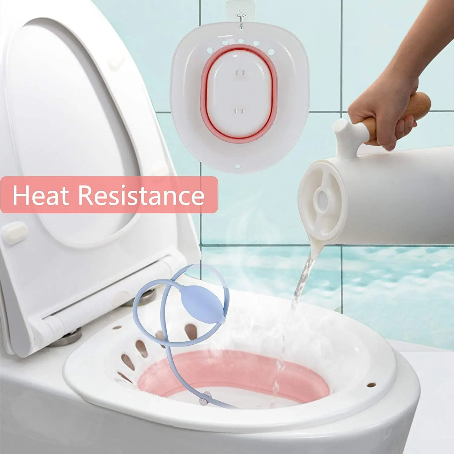 Collapsible sitz bath for toilet seat offering comfortable postpartum care and hemorrhoid relief with flusher.