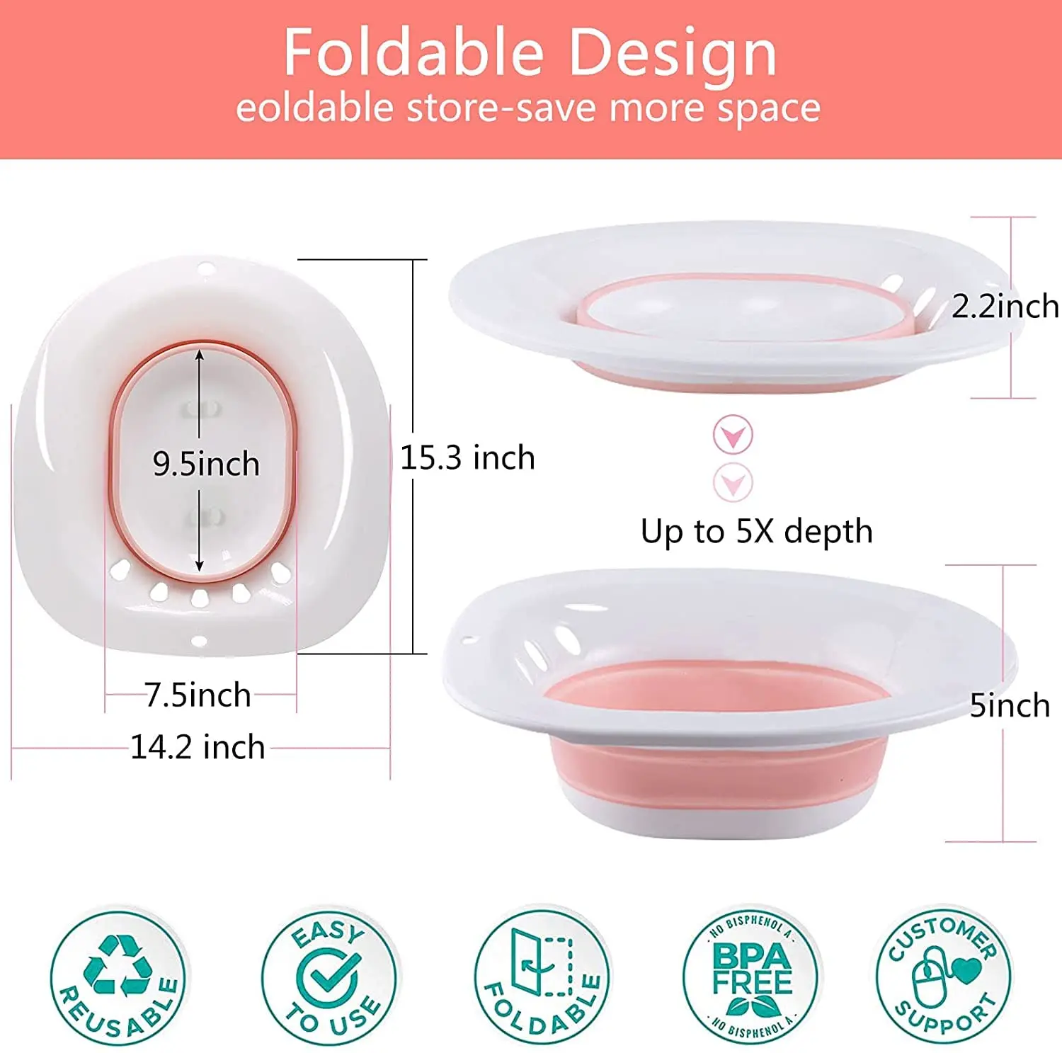 Collapsible sitz bath for toilet seat offering comfortable postpartum care and hemorrhoid relief with flusher.