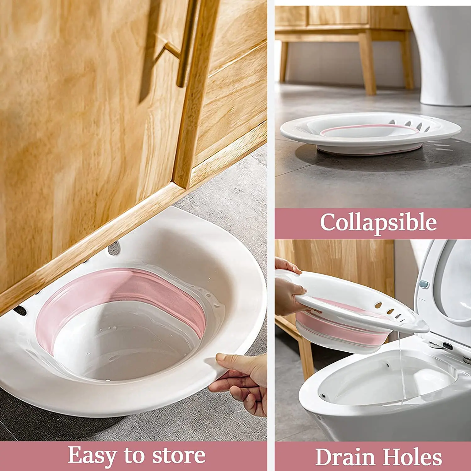 Collapsible sitz bath for toilet seat offering comfortable postpartum care and hemorrhoid relief with flusher.