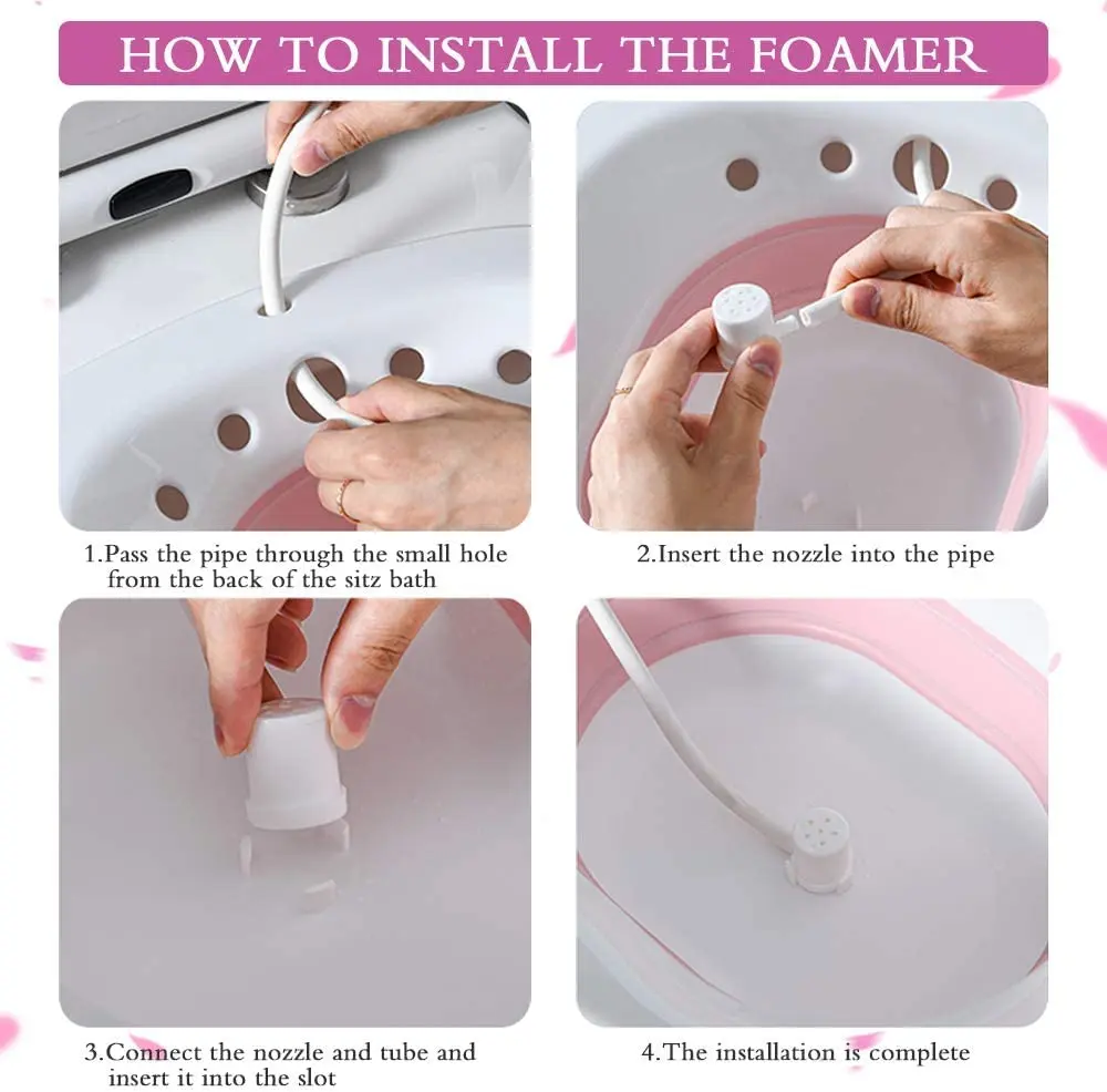 Collapsible sitz bath for toilet seat offering comfortable postpartum care and hemorrhoid relief with flusher.