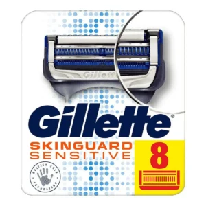 Eight Gillette SkinGuard Sensitive razor blade refills featuring SkinGuard technology to minimize irritation and a precision trimmer, compatible with ProGlide, ProShield, and Fusion razor handles.