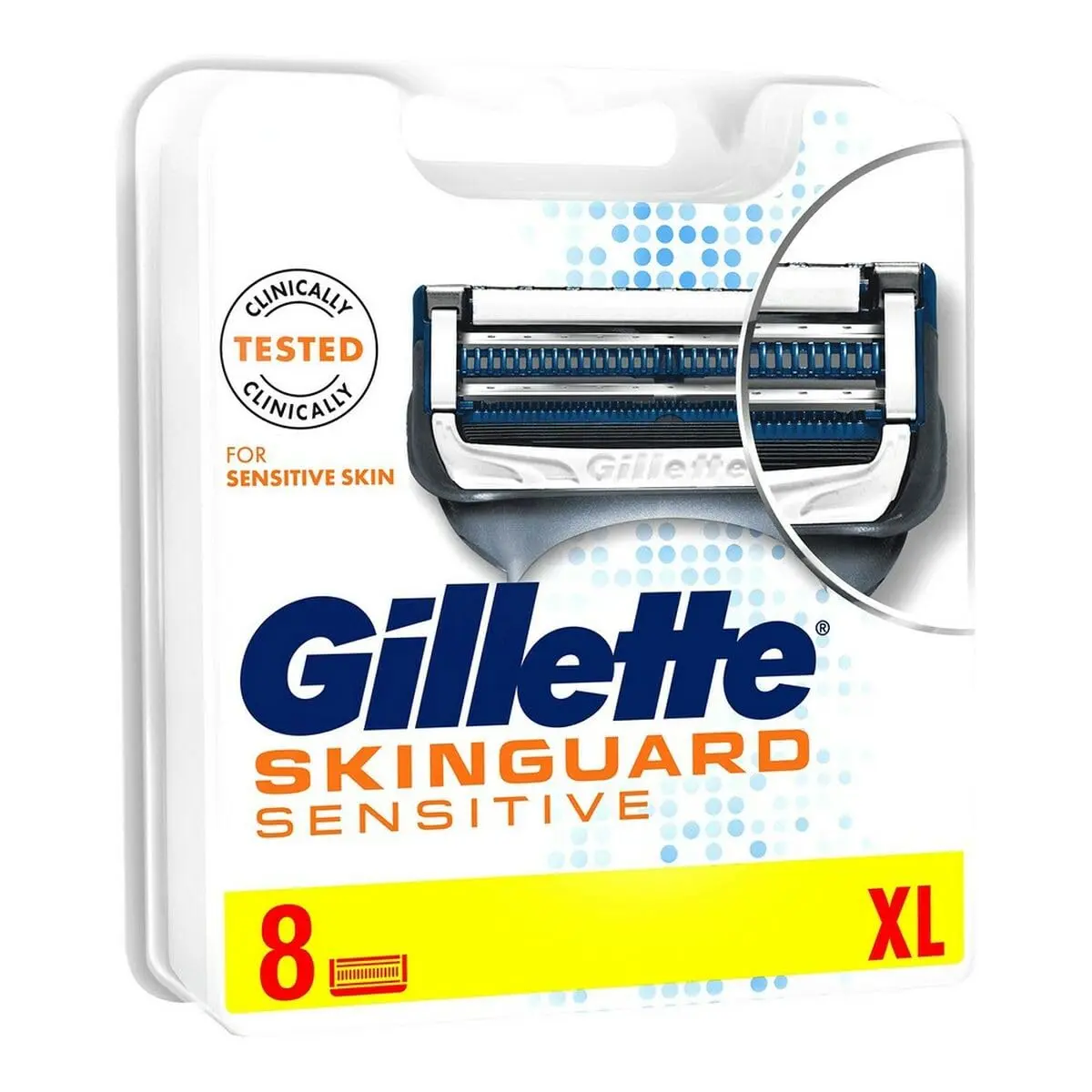 Eight Gillette SkinGuard Sensitive razor blade refills featuring SkinGuard technology to minimize irritation and a precision trimmer, compatible with ProGlide, ProShield, and Fusion razor handles.
