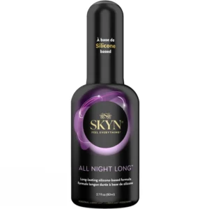 A bottle of SKYN All Night Long silicone-based personal lubricant for enhanced pleasure.