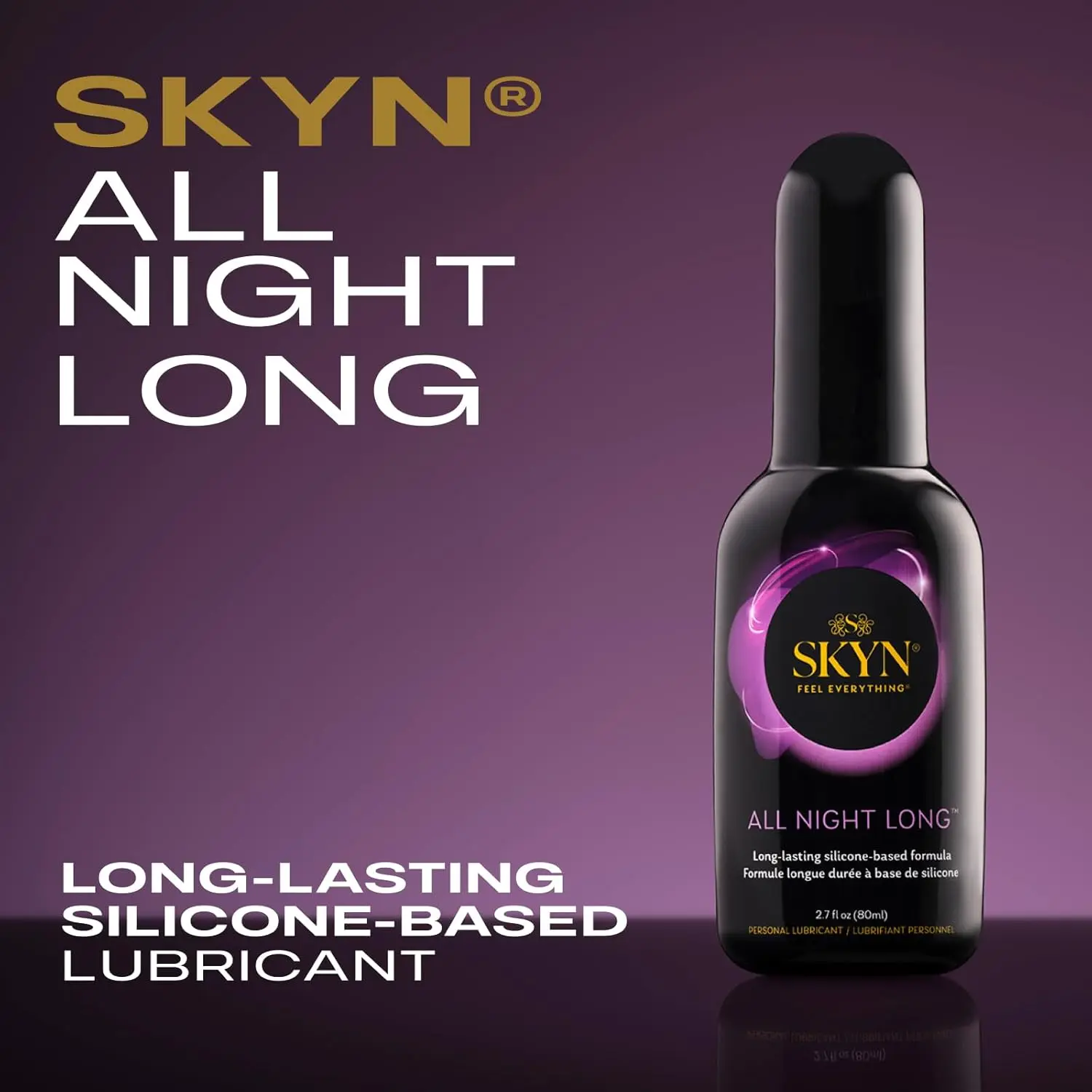 A bottle of SKYN All Night Long silicone-based personal lubricant for enhanced pleasure.