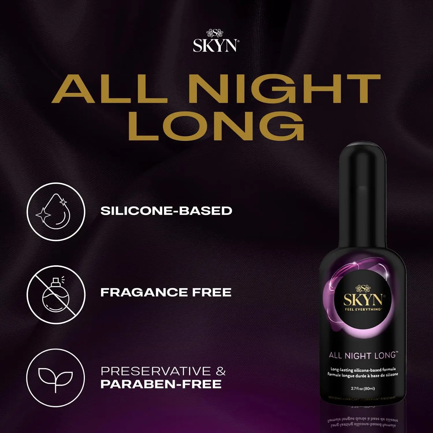 A bottle of SKYN All Night Long silicone-based personal lubricant for enhanced pleasure.