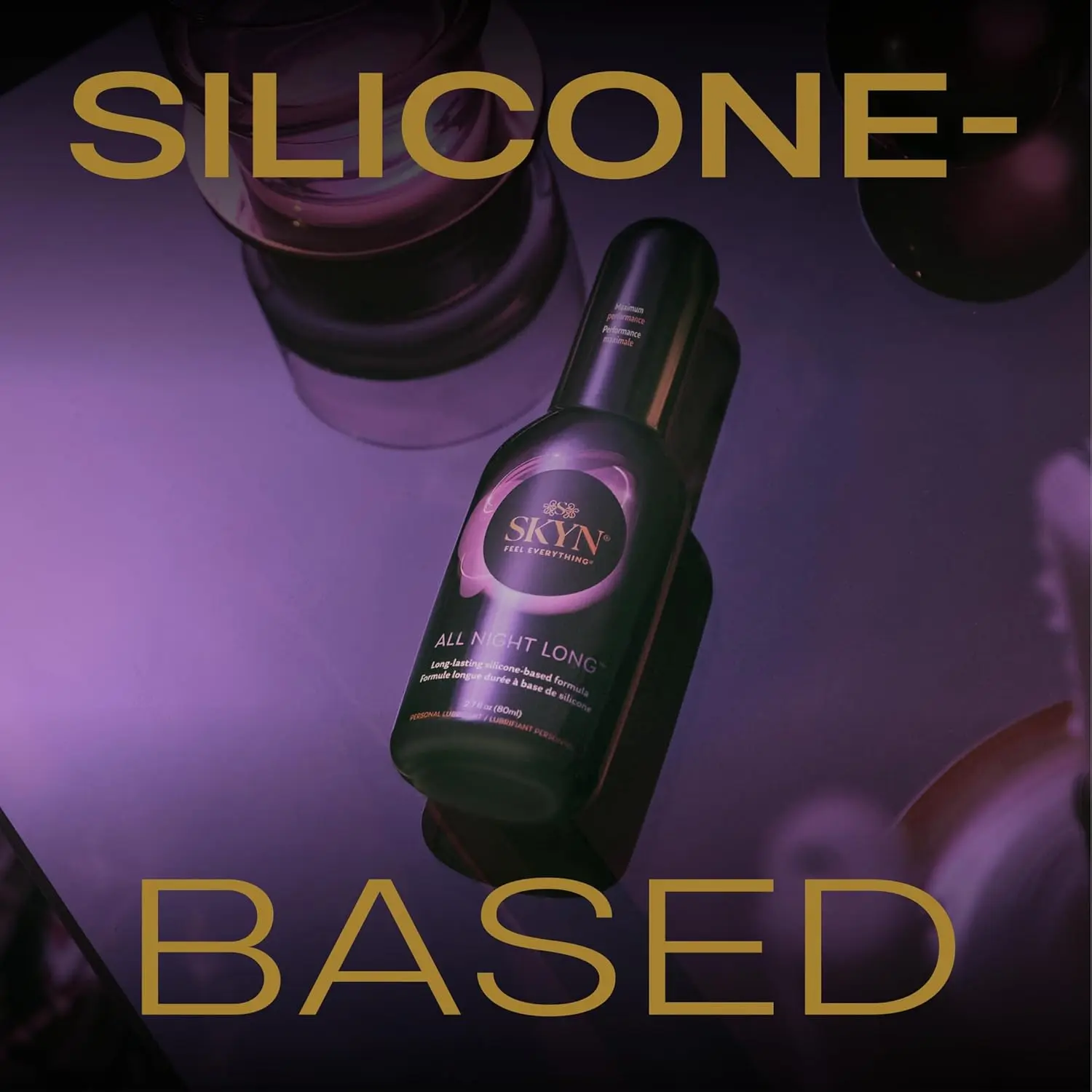 A bottle of SKYN All Night Long silicone-based personal lubricant for enhanced pleasure.