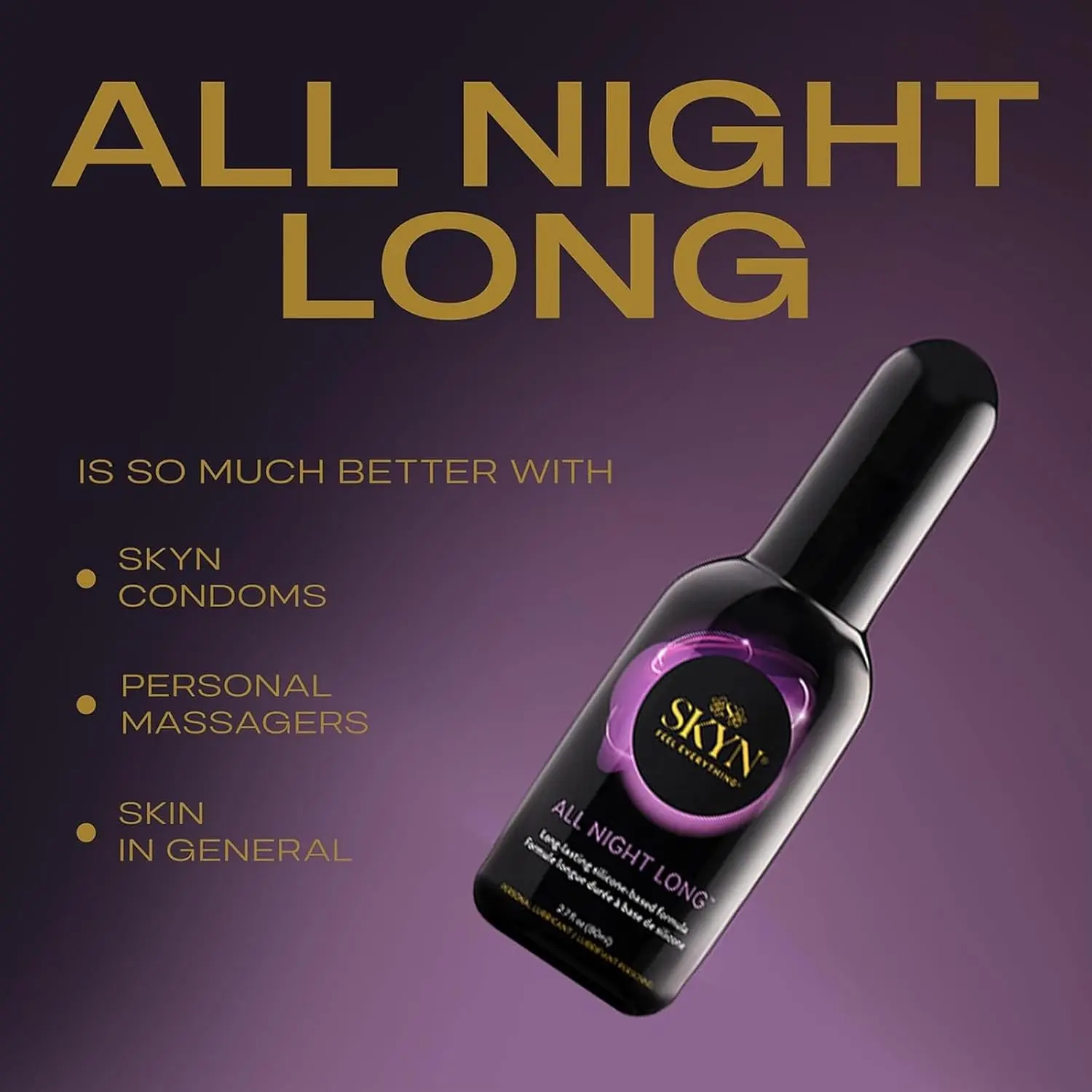 A bottle of SKYN All Night Long silicone-based personal lubricant for enhanced pleasure.