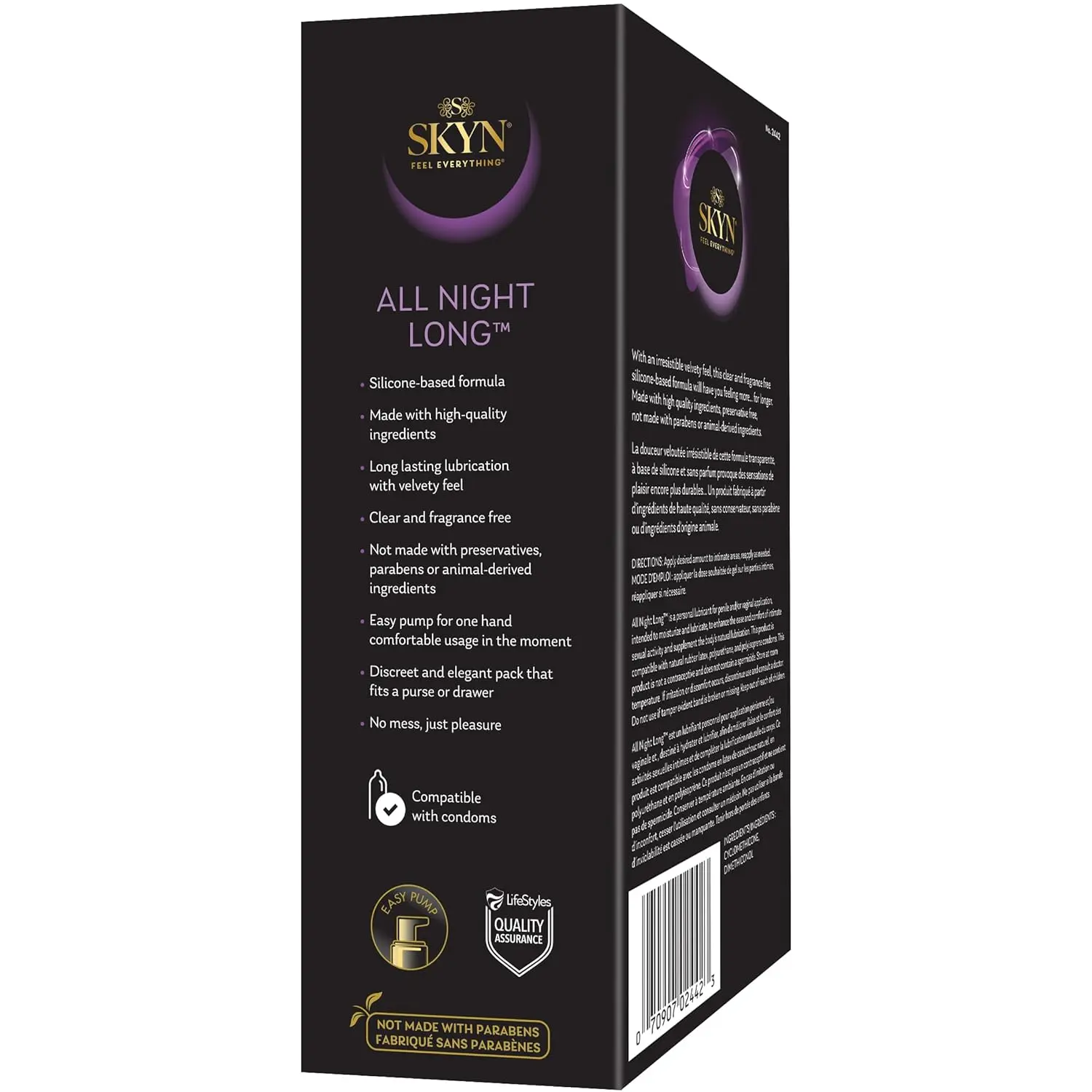 A bottle of SKYN All Night Long silicone-based personal lubricant for enhanced pleasure.