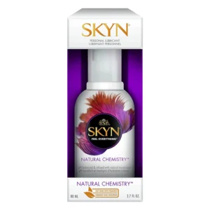 A 2.7 Oz bottle of SKYN Natural Chemistry water-based personal lubricant designed to enhance intimate experiences with its pH-balanced formula.
