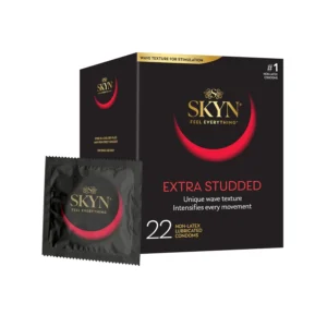 A box of SKYN Extra Studded non-latex condoms with raised studs for maximum stimulation and ultra-smooth lubricant.