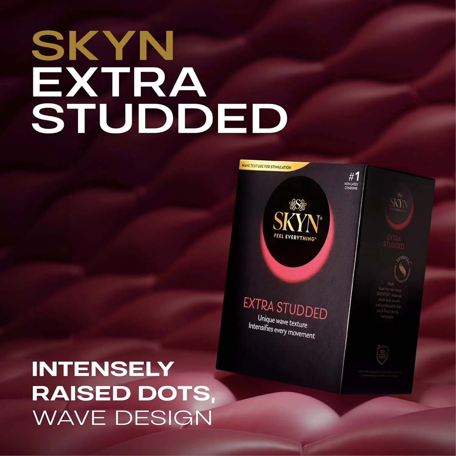 A box of SKYN Extra Studded non-latex condoms with raised studs for maximum stimulation and ultra-smooth lubricant.