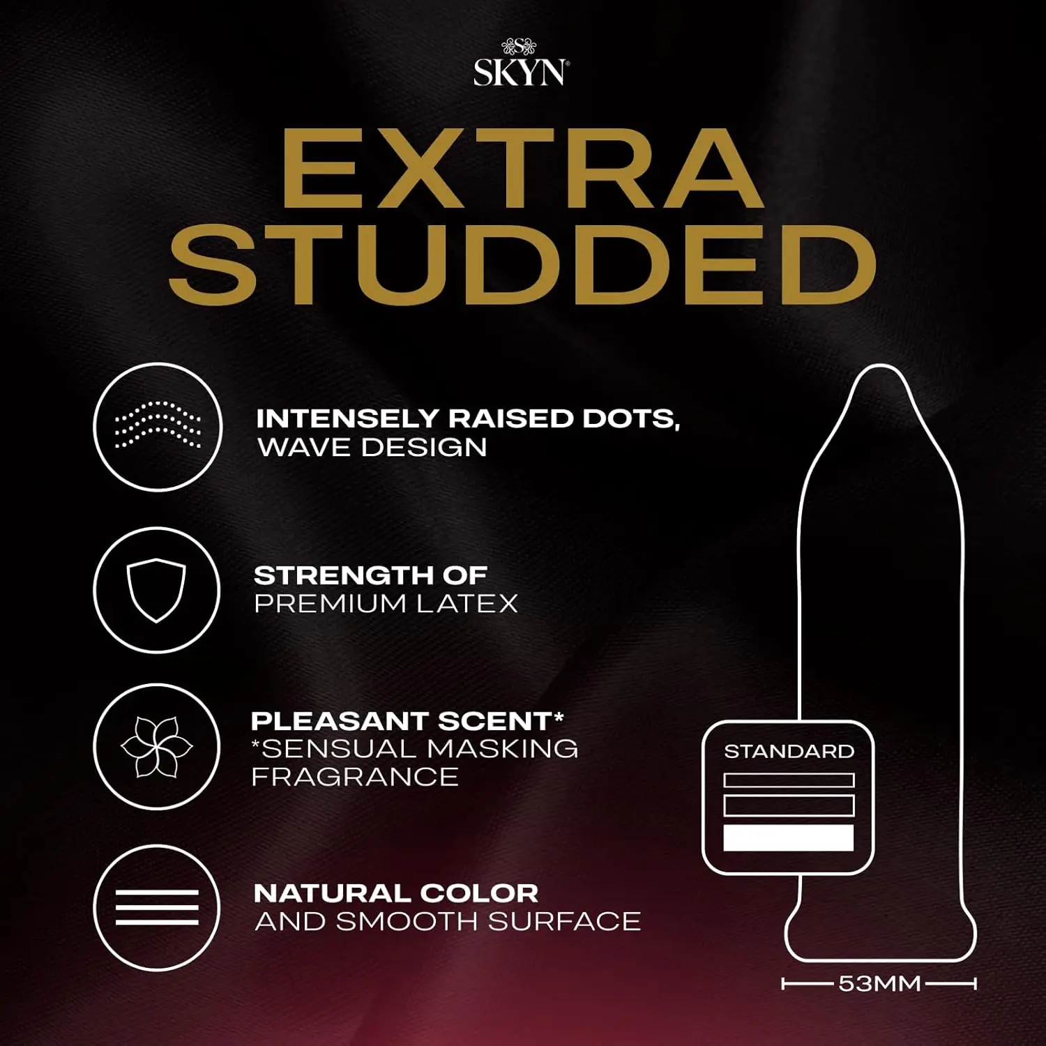 A box of SKYN Extra Studded non-latex condoms with raised studs for maximum stimulation and ultra-smooth lubricant.