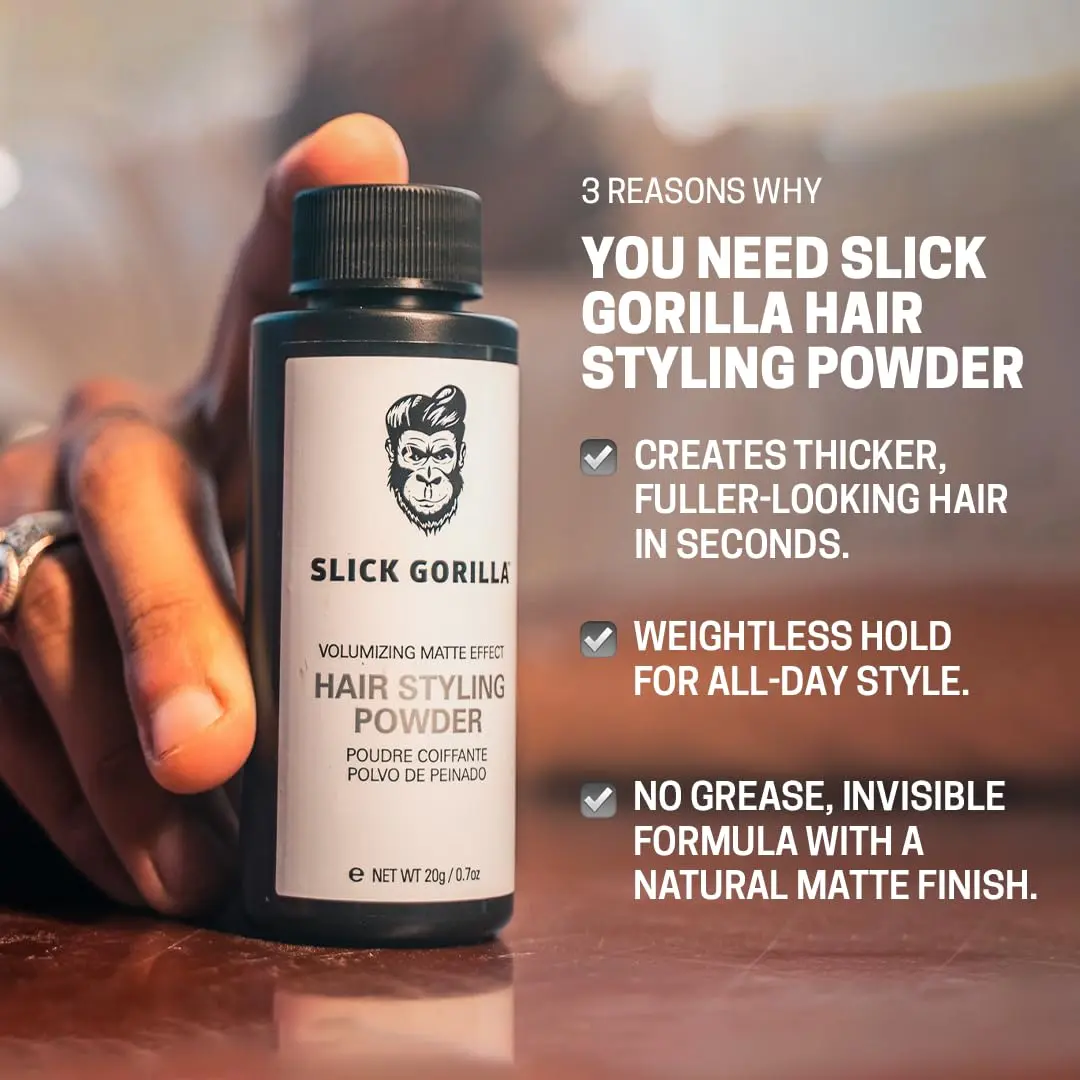 Slick Gorilla hair styling powder provides maximum definition, long-lasting lift, and a matte finish for men and women seeking volume and texture.