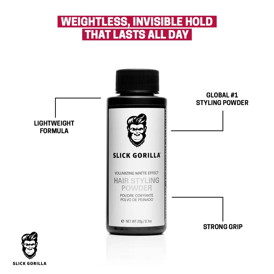 Slick Gorilla hair styling powder provides maximum definition, long-lasting lift, and a matte finish for men and women seeking volume and texture.