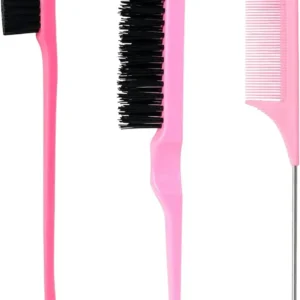 This pink hair styling set includes a double-sided edge brush, bristle brush, and rat tail comb, perfect for creating sleek hairstyles and taming edges for women, children, and babies.