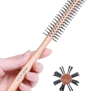 A small round hair brush with a 1-inch barrel and soft nylon bristles, ideal for volumizing short hair and styling bangs.