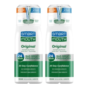 SmartMouth Original Activated Mouthwash provides 24-hour fresh breath using its patented Zinc Ion formula, fighting bad breath without alcohol or parabens, and offers a refreshing mint flavor.