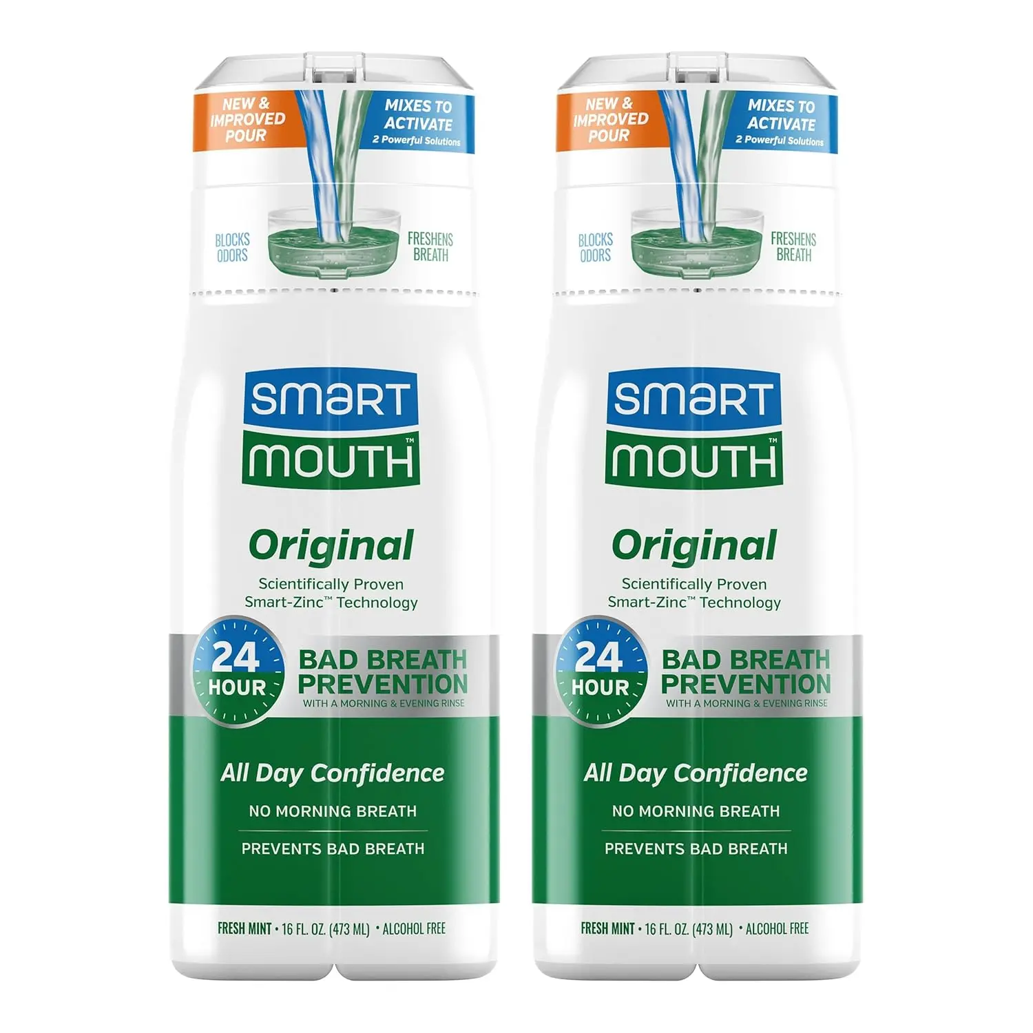 SmartMouth Original Activated Mouthwash provides 24-hour fresh breath using its patented Zinc Ion formula, fighting bad breath without alcohol or parabens, and offers a refreshing mint flavor.