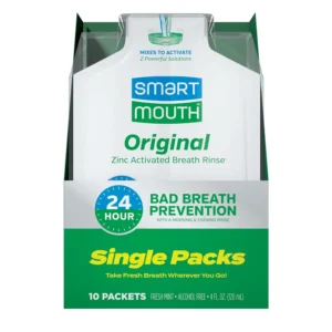 SmartMouth Original mouthwash travel packs provide 24-hour fresh breath with its patented zinc ion formula and alcohol-free, minty flavor.