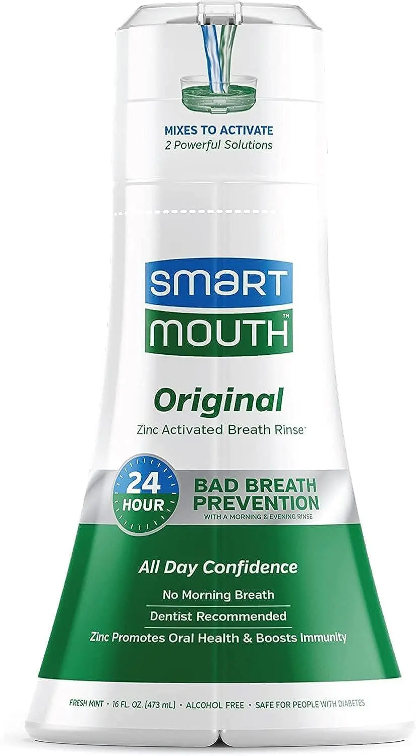 SmartMouth Original Activated Mouthwash provides 24-hour fresh breath using its patented Zinc Ion formula, fighting bad breath without alcohol or parabens, and offers a refreshing mint flavor.