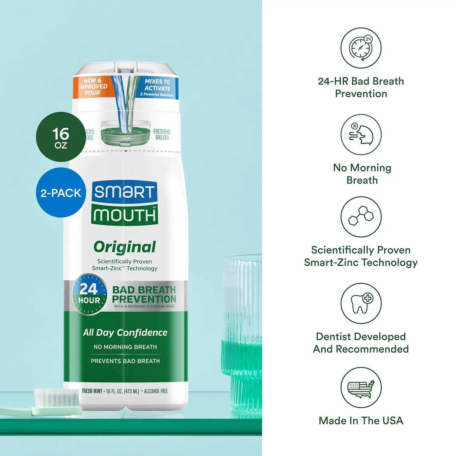 SmartMouth Original Activated Mouthwash provides 24-hour fresh breath using its patented Zinc Ion formula, fighting bad breath without alcohol or parabens, and offers a refreshing mint flavor.