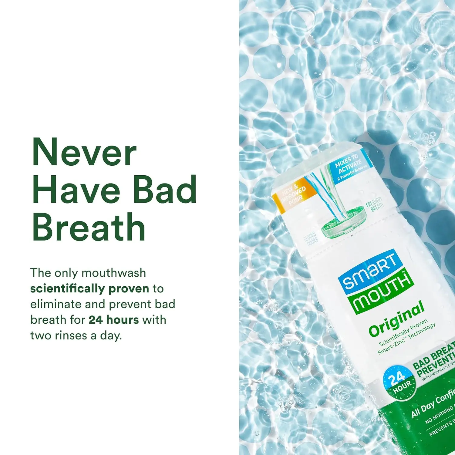 SmartMouth Original Activated Mouthwash provides 24-hour fresh breath using its patented Zinc Ion formula, fighting bad breath without alcohol or parabens, and offers a refreshing mint flavor.