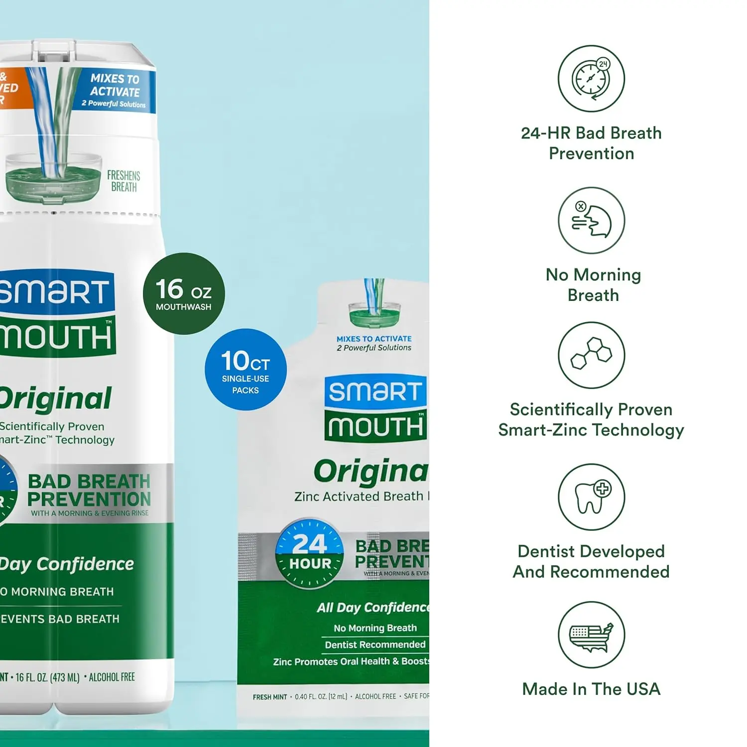 SmartMouth mouthwash in single-use travel packs ensures fresh breath on the go with its patented zinc ion technology and alcohol-free formula, providing effective odor elimination.