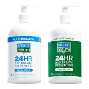 Two bottles of SmartMouth Original activated mouthwash with pumps, providing all-day fresh breath and optimal oral care with patented zinc ion technology.