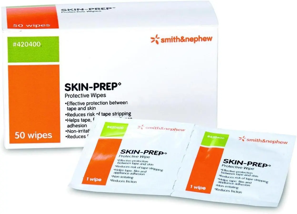 Image shows two packs of Smith & Nephew Skin-Prep protective wipes, each containing 50 wipes for skin preparation.